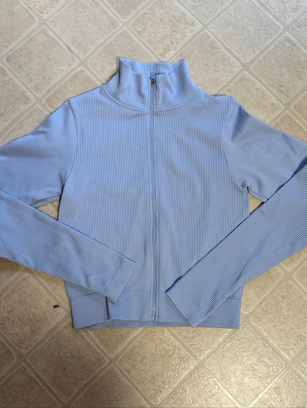 Women's Light Blue Ribbed Zip-Up Mock Neck Jacket Nwot